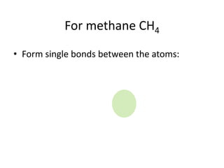For methane CH4
• Form single bonds between the atoms:
 