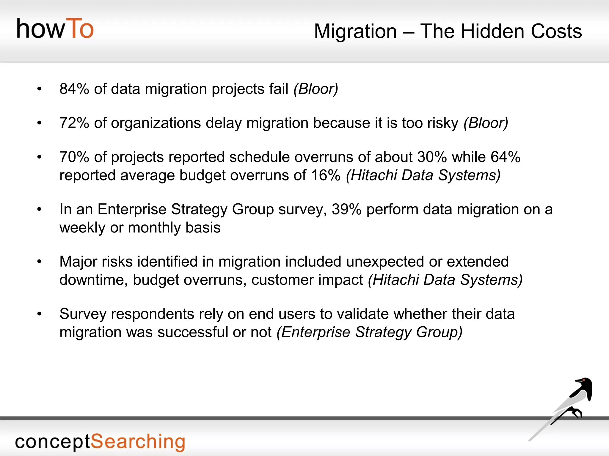 Migration – The Hidden Costs
• 84% of data migration projects fail (Bloor)
• 72% of organizations delay migration because it is too risky (Bloor)
• 70% of projects reported schedule overruns of about 30% while 64%
reported average budget overruns of 16% (Hitachi Data Systems)
• In an Enterprise Strategy Group survey, 39% perform data migration on a
weekly or monthly basis
• Major risks identified in migration included unexpected or extended
downtime, budget overruns, customer impact (Hitachi Data Systems)
• Survey respondents rely on end users to validate whether their data
migration was successful or not (Enterprise Strategy Group)
 