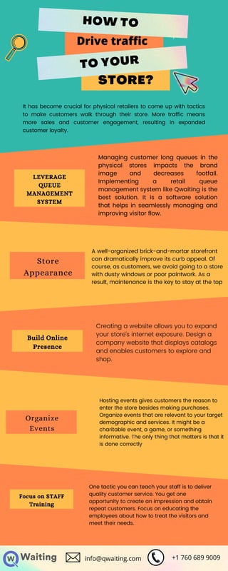 STORE?
TO YOUR
LEVERAGE
QUEUE
MANAGEMENT
SYSTEM
Store
Appearance
HOW TO
Build Online
Presence
Organize
Events
Focus on STAFF
Training
Managing customer long queues in the
physical stores impacts the brand
image and decreases footfall.
Implementing a retail queue
management system like Qwaiting is the
best solution. It is a software solution
that helps in seamlessly managing and
improving visitor flow.
A well-organized brick-and-mortar storefront
can dramatically improve its curb appeal. Of
course, as customers, we avoid going to a store
with dusty windows or poor paintwork. As a
result, maintenance is the key to stay at the top
Creating a website allows you to expand
your store’s internet exposure. Design a
company website that displays catalogs
and enables customers to explore and
shop.
It has become crucial for physical retailers to come up with tactics
to make customers walk through their store. More traffic means
more sales and customer engagement, resulting in expanded
customer loyalty.
Drive traffic
Hosting events gives customers the reason to
enter the store besides making purchases.
Organize events that are relevant to your target
demographic and services. It might be a
charitable event, a game, or something
informative. The only thing that matters is that it
is done correctly
One tactic you can teach your staff is to deliver
quality customer service. You get one
opportunity to create an impression and obtain
repeat customers. Focus on educating the
employees about how to treat the visitors and
meet their needs.
info@qwaiting.com +1 760 689 9009


 