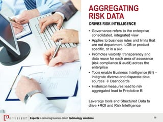 16
AGGREGATING
RISK DATA
• Governance refers to the enterprise
consolidated, integrated view
• Applies to business rules and limits that
are not department, LOB or product
specific, or in a silo
• Promotes visibility, transparency and
data reuse for each area of assurance
(risk compliance & audit) across the
enterprise
• Tools enable Business Intelligence (BI) –
integrate diverse and disparate data
sources  Dashboards
• Historical measures lead to risk
aggregated lead to Predictive BI
Leverage tools and Structured Data to
drive +ROI and Risk Intelligence
DRIVES RISK INTELLIGENCE
 