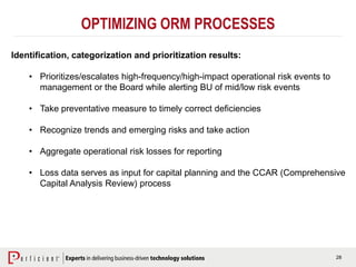 28
OPTIMIZING ORM PROCESSES
Identification, categorization and prioritization results:
• Prioritizes/escalates high-frequency/high-impact operational risk events to
management or the Board while alerting BU of mid/low risk events
• Take preventative measure to timely correct deficiencies
• Recognize trends and emerging risks and take action
• Aggregate operational risk losses for reporting
• Loss data serves as input for capital planning and the CCAR (Comprehensive
Capital Analysis Review) process
 