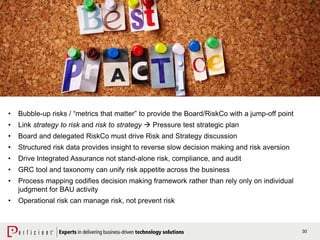 30
• Bubble-up risks / “metrics that matter” to provide the Board/RiskCo with a jump-off point
• Link strategy to risk and risk to strategy  Pressure test strategic plan
• Board and delegated RiskCo must drive Risk and Strategy discussion
• Structured risk data provides insight to reverse slow decision making and risk aversion
• Drive Integrated Assurance not stand-alone risk, compliance, and audit
• GRC tool and taxonomy can unify risk appetite across the business
• Process mapping codifies decision making framework rather than rely only on individual
judgment for BAU activity
• Operational risk can manage risk, not prevent risk
 