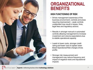 7
ORGANIZATIONAL
BENEFITS
HIGH FUNCTIONING OP RISK
• Drives management awareness of the
business environment, controls and areas
requiring improvement – weak controls
unattended may result in losses, fines,
legal fees and regulatory actions
• Results in stronger manual or automated
controls allowing management to increase
investment and volume expectations due
to stabile operational capacity
• Leads to lower costs, stronger credit
rating and lower cost of capital; lower
Basel Operational Risk charges drives
profits
• Stronger risk measurement and
management may reduce frequency and
impact of negative news and reputational
impacts
 