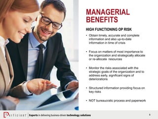 8
MANAGERIAL
BENEFITS
HIGH FUNCTIONING OP RISK
• Obtain timely, accurate and complete
information and also up-to-date
information in time of crisis
• Focus on matters of most importance to
the organization and strategically allocate
or re-allocate resources
• Monitor the risks associated with the
strategic goals of the organization and to
address early, significant signs of
deteriorations
• Structured information providing focus on
key risks
• NOT bureaucratic process and paperwork
 