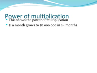 Power of multiplication This shows the power of multiplication $1 a month grows to $8 000 000 in 24 months 