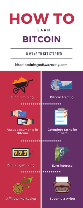 HOW TO
BITCOIN
Bitcoin mining Bitcoin trading
E A R N
8 WAYS TO GET STARTED
Accept payments in
Bitcoin
Complete tasks for
others
Bitcoin gambling Earn interest
Affiliate marketing Become a writer
bitcoinminingsoftware2019.com
 