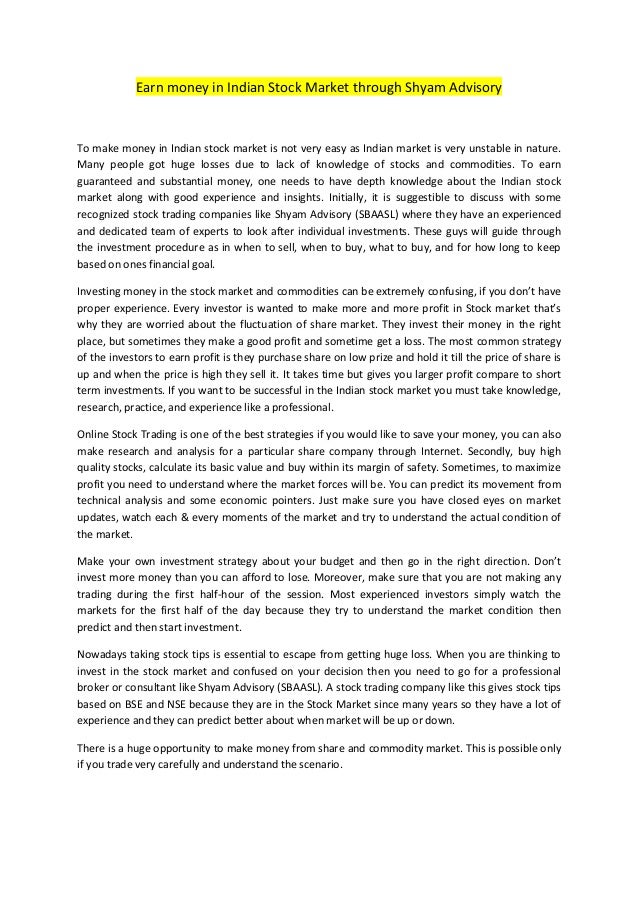 Earn Money In Indian Stock Market Through Shyam Advisory - earn money in indian stoc!   k market through shyam advisory to make money in indian stock market