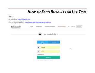 HOW TO EARN ROYALTY FOR LIFE TIME
Step – 1
Go to Website: https://fullgrade.com
Click on SELL DOCUMENTS: https://www.fullgrade.com/my-marketplace/
 