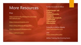 More Resources
Blogs
https://community.devexpress.com/tags/
XAF/default.aspx
https://www.jocheojeda.com/
https://blog.delegate.at/tags/XAF/
http://apobekiaris.blogspot.com/
https://xafmarin.com/
Twitter Accounts to follow
@DevExpress_XAF
@tolisss
@DennisGaravsky
@jmojeda
@eXpandFramework
@biohaz999
@llamachant
@jjcolumbie
Subscribe to XAFers Weekly
http://xafersweekly.com/
Jobs
https://www.xafers.jobs/
XAFers Training Site (Coming Soon)
 