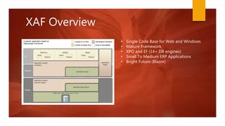 XAF Overview
• Single Code Base for Web and Windows
• Mature Framework
• XPO and EF (14+ DB engines)
• Small To Medium ERP Applications
• Bright Future (Blazor)
 
