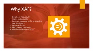 Why XAF?
• Developer Productivity
• Highly customizable
• Common Language on for onboarding
new developers.
• Customer Focus
• Ever growing community
• Awesome Customer Support
 
