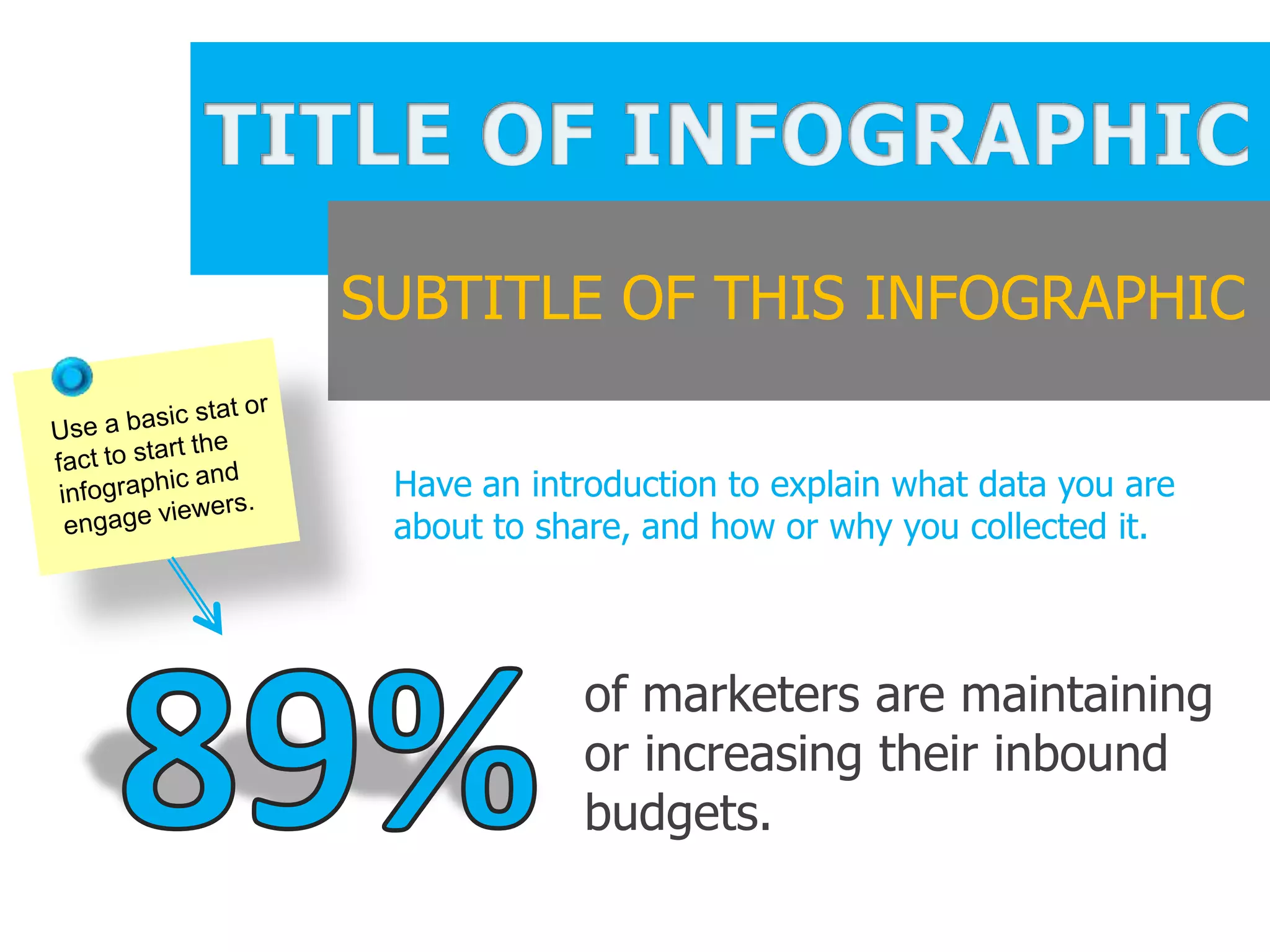 SUBTITLE OF THIS INFOGRAPHIC
Have an introduction to explain what data you are
about to share, and how or why you collected it.
of marketers are maintaining
or increasing their inbound
budgets.
 