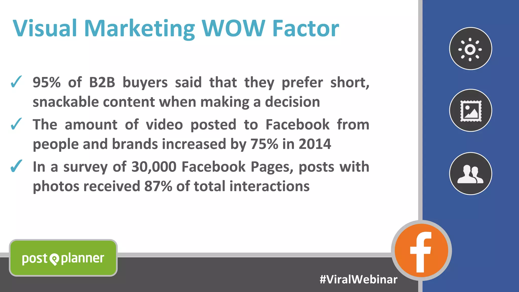 Visual Marketing WOW Factor
✓ 95% of B2B buyers said that they prefer short,
snackable content when making a decision
✓ The amount of video posted to Facebook from
people and brands increased by 75% in 2014
✓ In a survey of 30,000 Facebook Pages, posts with
photos received 87% of total interactions
#ViralWebinar
 