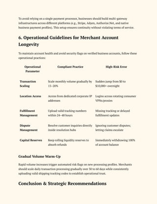 To avoid relying on a single payment processor, businesses should build multi-gateway
infrastructures across different platforms (e.g., Stripe, Adyen, Authorize.Net, and native
business payment profiles). This setup ensures continuity without violating terms of service.
6. Operational Guidelines for Merchant Account
Longevity
To maintain account health and avoid security flags on verified business accounts, follow these
operational practices:
Operational
Parameter
Compliant Practice High-Risk Error
Transaction
Scaling
Scale monthly volume gradually by
15–20%
Sudden jump from $0 to
$10,000+ overnight
Location Access Access from dedicated corporate IP
addresses
Logins across rotating consumer
VPNs/proxies
Fulfillment
Management
Upload valid tracking numbers
within 24–48 hours
Missing tracking or delayed
fulfillment updates
Dispute
Management
Resolve customer inquiries directly
inside resolution hubs
Ignoring customer disputes;
letting claims escalate
Capital Reserves Keep rolling liquidity reserves to
absorb refunds
Immediately withdrawing 100%
of account balance
Gradual Volume Warm-Up
Rapid volume increases trigger automated risk flags on new processing profiles. Merchants
should scale daily transaction processing gradually over 30 to 60 days while consistently
uploading valid shipping tracking codes to establish operational trust.
Conclusion & Strategic Recommendations
 