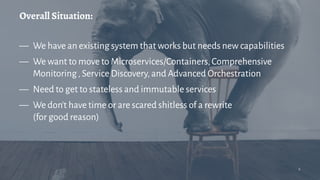 Overall Situation:
— We have an existing system that works but needs new capabilities
— We want to move to Microservices/Containers,Comprehensive
Monitoring,Service Discovery,and Advanced Orchestration
— Need to get to stateless and immutable services
— We don't have time or are scared shitless of a rewrite
(for good reason)
2
 