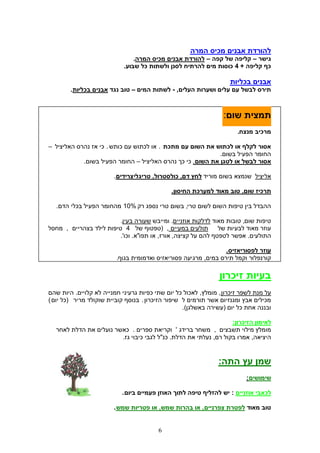 ‫להורדת אבנים מכיס המרה‬
                                ‫גישר – קליפה של קפה – להורדת אבנים מכיס המרה.‬
                            ‫כף קליפה + 4 כוסות מים להרתיח לסנן ולשתות כל שבוע.‬

                                                                    ‫אבנים בכליות‬
        ‫תירס לבשל עם עלים ושערות העלים, - לשתות המים – טוב נגד אבנים בכליות.‬



                                                                  ‫תמצית שום:‬
                                                                       ‫מרכיב מנצח.‬

‫אסור לקלף או לכתוש את השום עם מתכת . או לכתוש עם כותש . כי אז נהרס האליציל –‬
                                                            ‫החומר הפעיל בשום.‬
            ‫אסור לבשל או לטגן את השום. כי כך נהרס האליציל – החומר הפעיל בשום.‬

                        ‫אליציל שנמצא בשום מוריד לחץ דם, כולסטרול, טריגליצרידים.‬

                                              ‫תרכיז שום, טוב מאוד למערכת החיסון.‬

   ‫ההבדל בין טיפות השום לשום טרי, בשום טרי נספג רק %01 מהחומר הפעיל בכלי הדם.‬

                         ‫טיפות שום, טובות מאוד לדלקות אוזניים. ומייבש שעורה בעין.‬
‫תולעים במעיים , (טפטוף של 4 טיפות לילד בצהריים , מחסל‬          ‫עוזר מאוד לבעיות של‬
                         ‫התולעים. אפשר לטפטף להם על קציצה, אורז, או תפו"א. וכו'.‬

                                                                 ‫עוזר לפסוריאזיס.‬
                         ‫קורנפלור וקמל תירס במים, מרגיעה פסוריאזיס ואדמומית בגוף.‬

                                                                ‫בעיות זיכרון‬
‫על מנת לשפר זיכרון , מומלץ, לאכול כל יום שתי כפיות גרעיני חמנייה לא קלויים. היות שהם‬
‫מכילים אבץ ומגנזיום אשר תורמים ל שיפור הזיכרון . בנוסף קוביית שוקולד מריר (כל יום )‬
                                                   ‫ובננה אחת כל יום (עשירה באשלגן).‬

                                                                  ‫לאימון הזיכרון:‬
  ‫מומלץ מילוי תשבצים , משחר ברידג ' וקריאת ספרים . כאשר נועלים את הדלת לאחר‬
                        ‫היציאה, אמרו בקול רם, נעלתי את הדלת. כנ"ל לגבי כיבוי גז.‬


                                                                ‫שמן עץ התה:‬
                                                                          ‫שימושים :‬

                           ‫לכאבי אוזניים : יש להזליף טיפה לתוך האוזן פעמיים ביום .‬

                        ‫טוב מאוד לפטרת צפרניים , או בהרות שמש, או פטריות שמש .‬


                                         ‫6‬
 