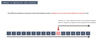 1 2 3 4 5 6 7 8 9 10 11 12 13 14 15 16 17
If there is no -i flag, it rebase all commits in this area without stopping.
With the -i flag, you can specify a commit to pause and do something.
rebase –i master(or any branch)
The difference between interactive mode and standard mode is whether you can stop in the middle of a commit or not.
 