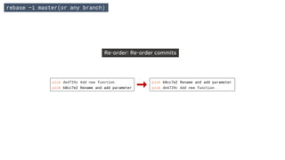Re-order: Re-order commits
rebase –i master(or any branch)
pick de4739c Add new function
pick 60cc7e2 Rename and add parameter
pick 60cc7e2 Rename and add parameter
pick de4739c Add new function
 