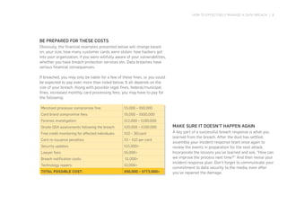 HOW TO EFFECTIVELY MANAGE A DATA BREACH | 9
BE PREPARED FOR THESE COSTS
Obviously, the financial examples presented below will change based
on: your size, how many customer cards were stolen, how hackers got
into your organization, if you were willfully aware of your vulnerabilities,
whether you have breach protection services etc. Data breaches have
serious financial consequences.
If breached, you may only be liable for a few of these fines, or you could
be expected to pay even more than listed below. It all depends on the
size of your breach. Along with possible legal fines, federal/municipal
fines, increased monthly card processing fees, you may have to pay for
the following:
Merchant processor compromise fine: $5,000 – $50,000
Card brand compromise fees: $5,000 – $500,000
Forensic investigation: $12,000 – $100,000
Onsite QSA assessments following the breach: $20,000 – $100,000
Free credit monitoring for affected individuals: $10 – 30/card
Card re-issuance penalties: $3 – $10 per card
Security updates: $15,000+
Lawyer fees: $5,000+
Breach notification costs: $1,000+
Technology repairs: $2,000+
TOTAL POSSIBLE COST: $50,000 – $773,000+
MAKE SURE IT DOESN’T HAPPEN AGAIN
A key part of a successful breach response is what you
learned from the breach. After the dust has settled,
assemble your incident response team once again to
review the events in preparation for the next attack.
Incorporate the lessons you’ve learned and ask, “How can
we improve the process next time?” And then revise your
incident response plan. Don’t forget to communicate your
commitment to data security to the media, even after
you’ve repaired the damage.
 