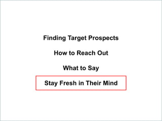 Finding Target Prospects
How to Reach Out
What to Say
Stay Fresh in Their Mind
 