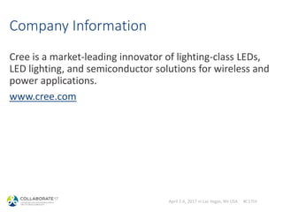 April 2-6, 2017 in Las Vegas, NV USA #C17LV
Company Information
Cree is a market-leading innovator of lighting-class LEDs,
LED lighting, and semiconductor solutions for wireless and
power applications.
www.cree.com
 