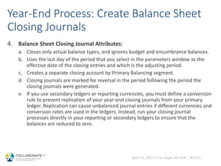April 2-6, 2017 in Las Vegas, NV USA #C17LV
Year-End Process: Create Balance Sheet
Closing Journals
4. Balance Sheet Closing Journal Attributes:
a. Closes only actual balance types, and ignores budget and encumbrance balances.
b. Uses the last day of the period that you select in the parameters window as the
effective date of the closing entries and which is the adjusting period.
c. Creates a separate closing account by Primary Balancing segment.
d. Closing journals are marked for reversal in the period following the period the
closing journals were generated.
e. If you use secondary ledgers or reporting currencies, you must define a conversion
rule to prevent replication of your year-end closing journals from your primary
ledger. Replication can cause unbalanced journal entries if different currencies and
conversion rates are used in the ledgers. Instead, run your closing journal
processes directly in your reporting or secondary ledgers to ensure that the
balances are reduced to zero.
 