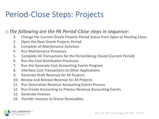 April 2-6, 2017 in Las Vegas, NV USA #C17LV
Period-Close Steps: Projects
oThe following are the PA Period-Close steps in sequence:
1. Change the Current Oracle Projects Period Status from Open to Pending Close
2. Open the Next Oracle Projects Period
3. Complete all Maintenance Activities
4. Run Maintenance Processes
5. Complete All Transactions for the Period Being Closed (Current Period)
6. Run the Cost Distribution Processes
7. Run the Generate Cost Accounting Events Program
8. Interface Cost Transactions to Other Applications
9. Generate Draft Revenue for All Projects
10. Review and Release Revenue for All Projects
11. Run Generation Revenue Accounting Events Process
12. Run Create Accounting to Process Revenue Accounting Events
13. Generate Invoices
14. Transfer Invoices to Oracle Receivables
 