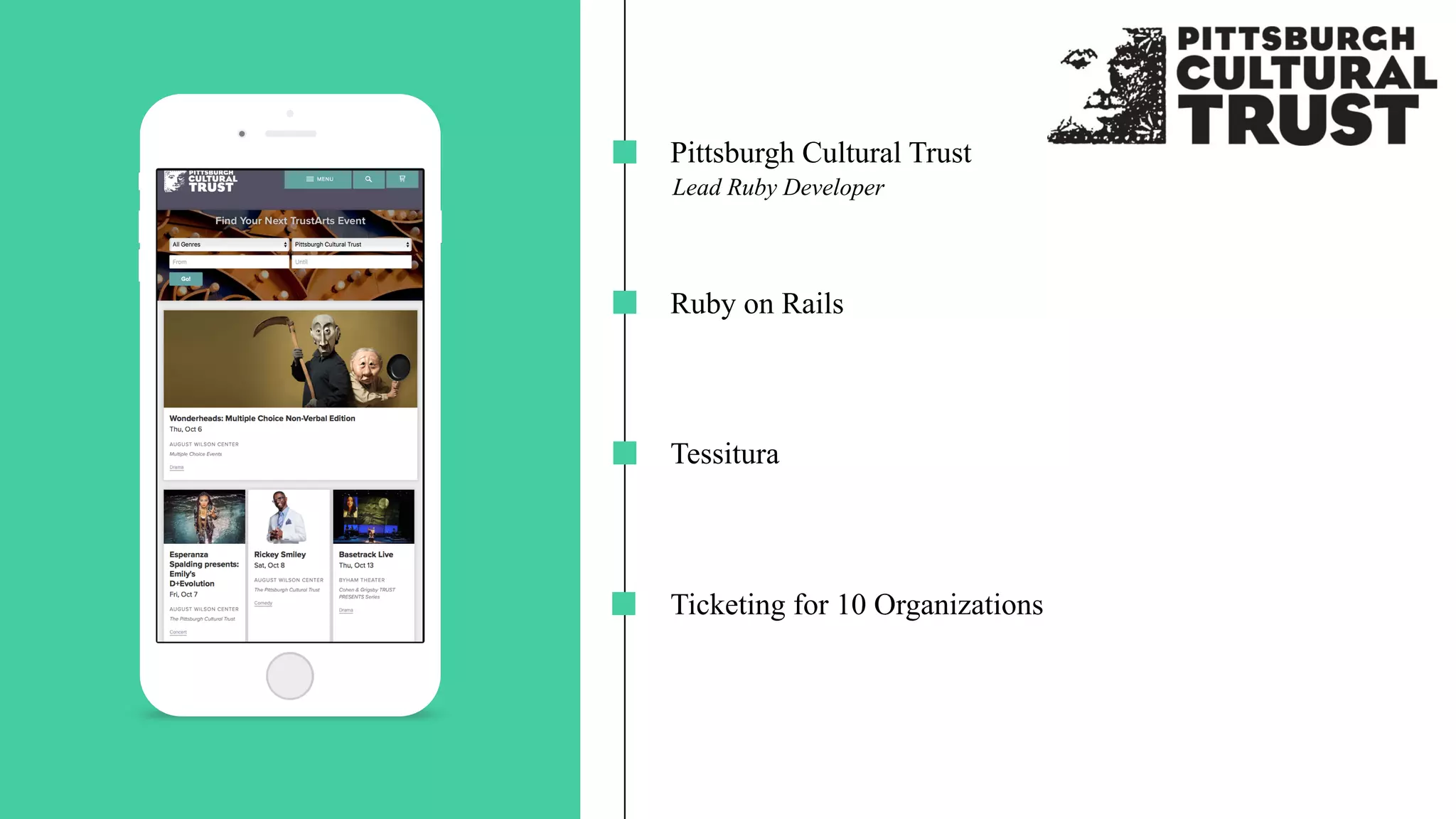 Pittsburgh Cultural Trust
Ruby on Rails
Tessitura
Ticketing for 10 Organizations
Lead Ruby Developer
 