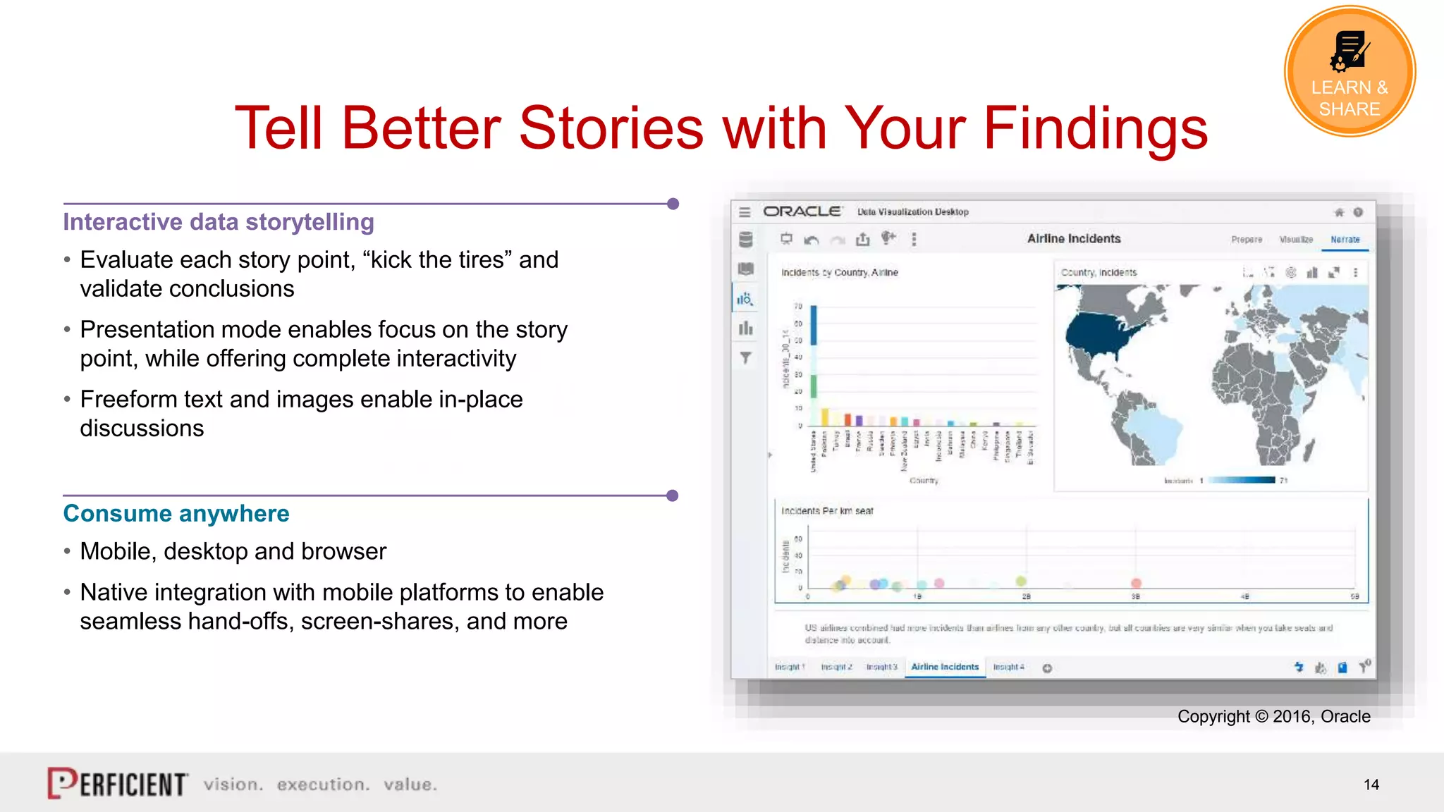 14
Tell Better Stories with Your Findings
LEARN &
SHARE
Interactive data storytelling
• Evaluate each story point, “kick the tires” and
validate conclusions
• Presentation mode enables focus on the story
point, while offering complete interactivity
• Freeform text and images enable in-place
discussions
Consume anywhere
• Mobile, desktop and browser
• Native integration with mobile platforms to enable
seamless hand-offs, screen-shares, and more
Copyright © 2016, Oracle
 