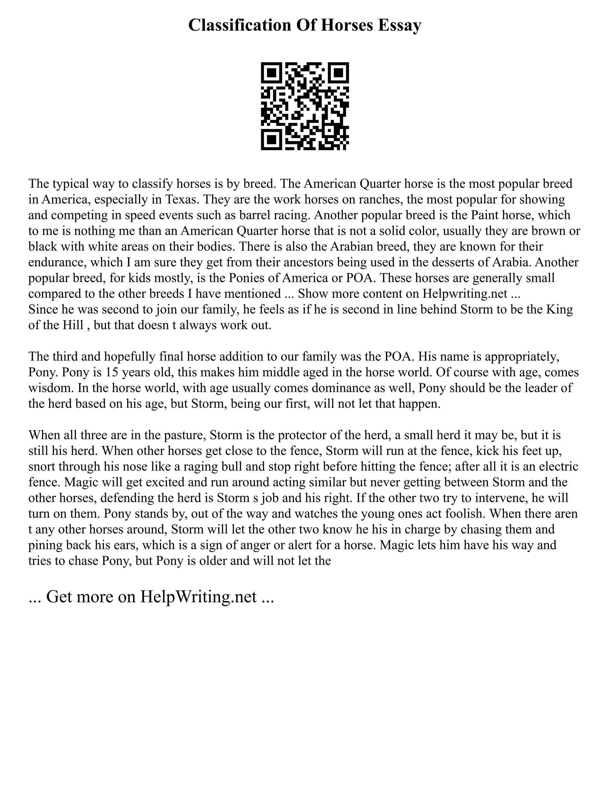 Classification Of Horses Essay
The typical way to classify horses is by breed. The American Quarter horse is the most popular breed
in America, especially in Texas. They are the work horses on ranches, the most popular for showing
and competing in speed events such as barrel racing. Another popular breed is the Paint horse, which
to me is nothing me than an American Quarter horse that is not a solid color, usually they are brown or
black with white areas on their bodies. There is also the Arabian breed, they are known for their
endurance, which I am sure they get from their ancestors being used in the desserts of Arabia. Another
popular breed, for kids mostly, is the Ponies of America or POA. These horses are generally small
compared to the other breeds I have mentioned ... Show more content on Helpwriting.net ...
Since he was second to join our family, he feels as if he is second in line behind Storm to be the King
of the Hill , but that doesn t always work out.
The third and hopefully final horse addition to our family was the POA. His name is appropriately,
Pony. Pony is 15 years old, this makes him middle aged in the horse world. Of course with age, comes
wisdom. In the horse world, with age usually comes dominance as well, Pony should be the leader of
the herd based on his age, but Storm, being our first, will not let that happen.
When all three are in the pasture, Storm is the protector of the herd, a small herd it may be, but it is
still his herd. When other horses get close to the fence, Storm will run at the fence, kick his feet up,
snort through his nose like a raging bull and stop right before hitting the fence; after all it is an electric
fence. Magic will get excited and run around acting similar but never getting between Storm and the
other horses, defending the herd is Storm s job and his right. If the other two try to intervene, he will
turn on them. Pony stands by, out of the way and watches the young ones act foolish. When there aren
t any other horses around, Storm will let the other two know he his in charge by chasing them and
pining back his ears, which is a sign of anger or alert for a horse. Magic lets him have his way and
tries to chase Pony, but Pony is older and will not let the
... Get more on HelpWriting.net ...
 