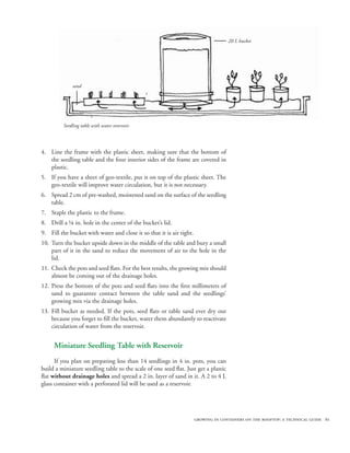 20 L bucket




             sand




         Seedling table with water reservoir.




4. Line the frame with the plastic sheet, making sure that the bottom of
   the seedling table and the four interior sides of the frame are covered in
   plastic.
5. If you have a sheet of geo-textile, put it on top of the plastic sheet. The
   geo-textile will improve water circulation, but it is not necessary.
6. Spread 2 cm of pre-washed, moistened sand on the surface of the seedling
   table.
7. Staple the plastic to the frame.
8. Drill a ⅛ in. hole in the center of the bucket’s lid.
9. Fill the bucket with water and close it so that it is air tight.
10. Turn the bucket upside down in the middle of the table and bury a small
    part of it in the sand to reduce the movement of air to the hole in the
    lid.
11. Check the pots and seed flats. For the best results, the growing mix should
    almost be coming out of the drainage holes.
12. Press the bottom of the pots and seed flats into the first millimeters of
    sand to guarantee contact between the table sand and the seedlings’
    growing mix via the drainage holes.
13. Fill bucket as needed. If the pots, seed flats or table sand ever dry out
    because you forget to fill the bucket, water them abundantly to reactivate
    circulation of water from the reservoir.


     Miniature Seedling Table with Reservoir
      If you plan on preparing less than 14 seedlings in 4 in. pots, you can
build a miniature seedling table to the scale of one seed flat. Just get a plastic
flat without drainage holes and spread a 2 in. layer of sand in it. A 2 to 4 L
glass container with a perforated lid will be used as a reservoir.




                                                                      growing in containers on the rooftop: a technical guide 61
 
