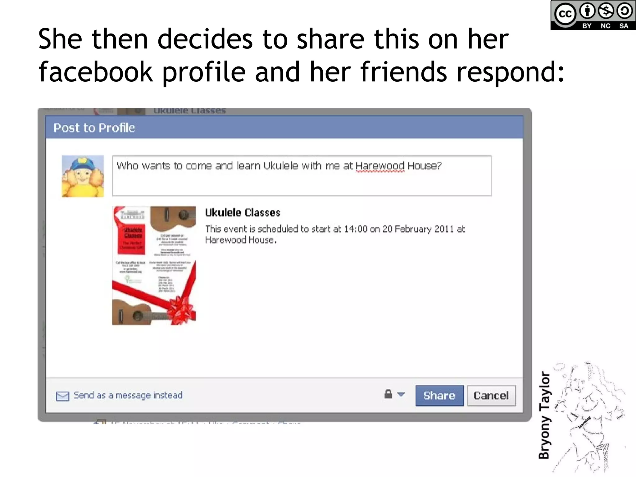 She then decides to share this on her facebook profile and her friends respond: 