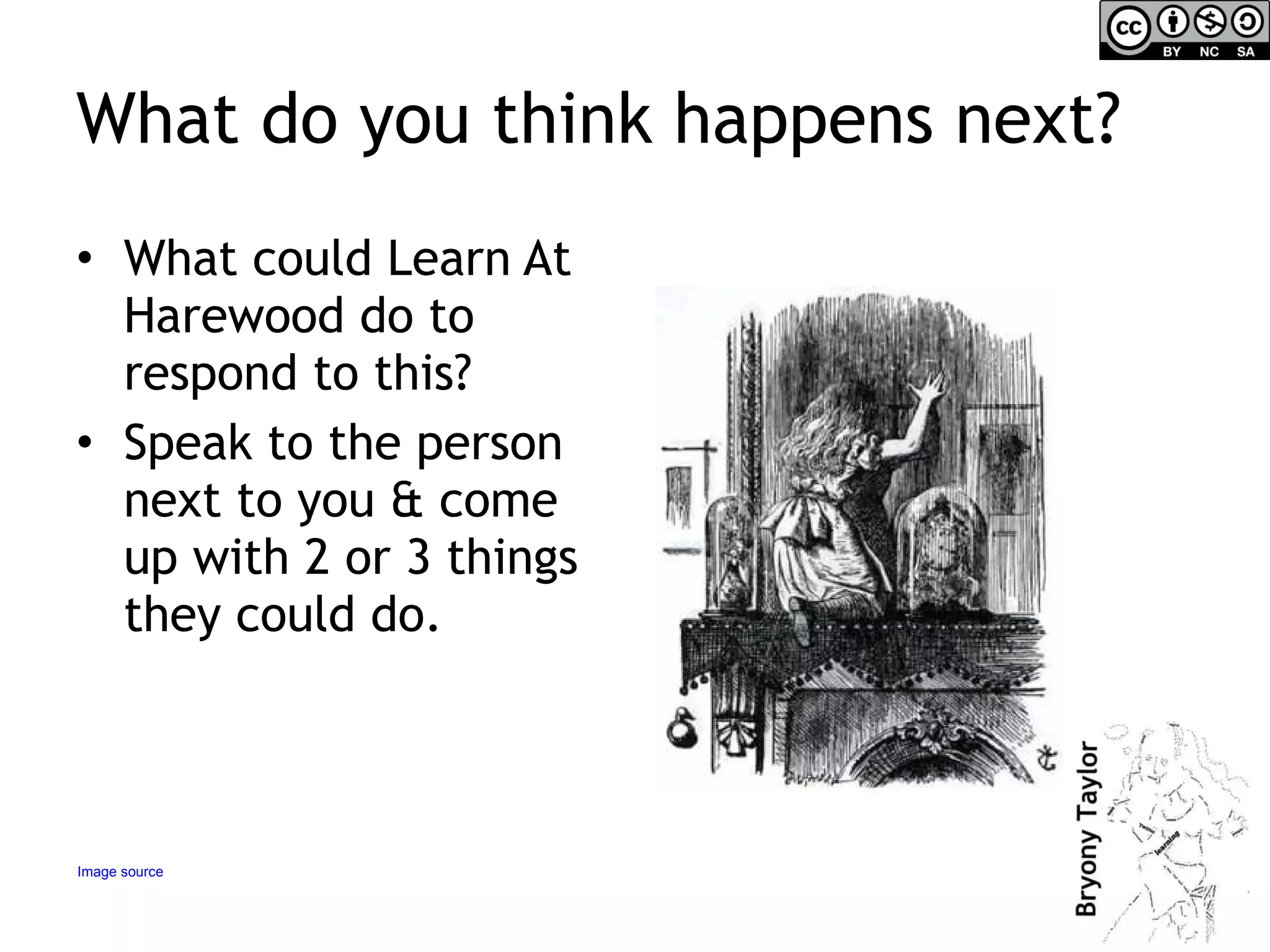 What do you think happens next? What could Learn At Harewood do to respond to this? Speak to the person next to you & come up with 2 or 3 things they could do. Image source 