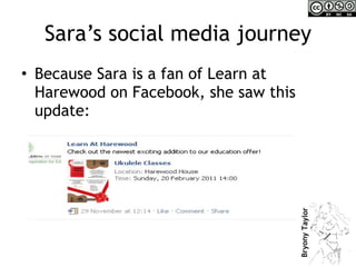 Sara’s social media journey <ul><li>Because Sara is a fan of Learn at Harewood on Facebook, she saw this update: </li></ul>