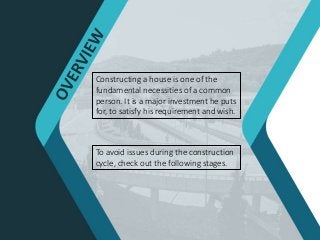 Constructing a house is one of the
fundamental necessities of a common
person. It is a major investment he puts
for, to satisfy his requirement and wish.
To avoid issues during the construction
cycle, check out the following stages.
 