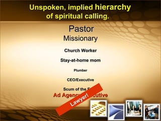 Unspoken, impliedUnspoken, implied hierarchyhierarchy
of spiritual calling.of spiritual calling.
PastorPastor
MissionaryMissionary
Church WorkerChurch Worker
Stay-at-home momStay-at-home mom
PlumberPlumber
CEO/ExecutiveCEO/Executive
Scum of the EarthScum of the Earth
Ad Agency ExecutiveAd Agency Executive
Lawyer!
 