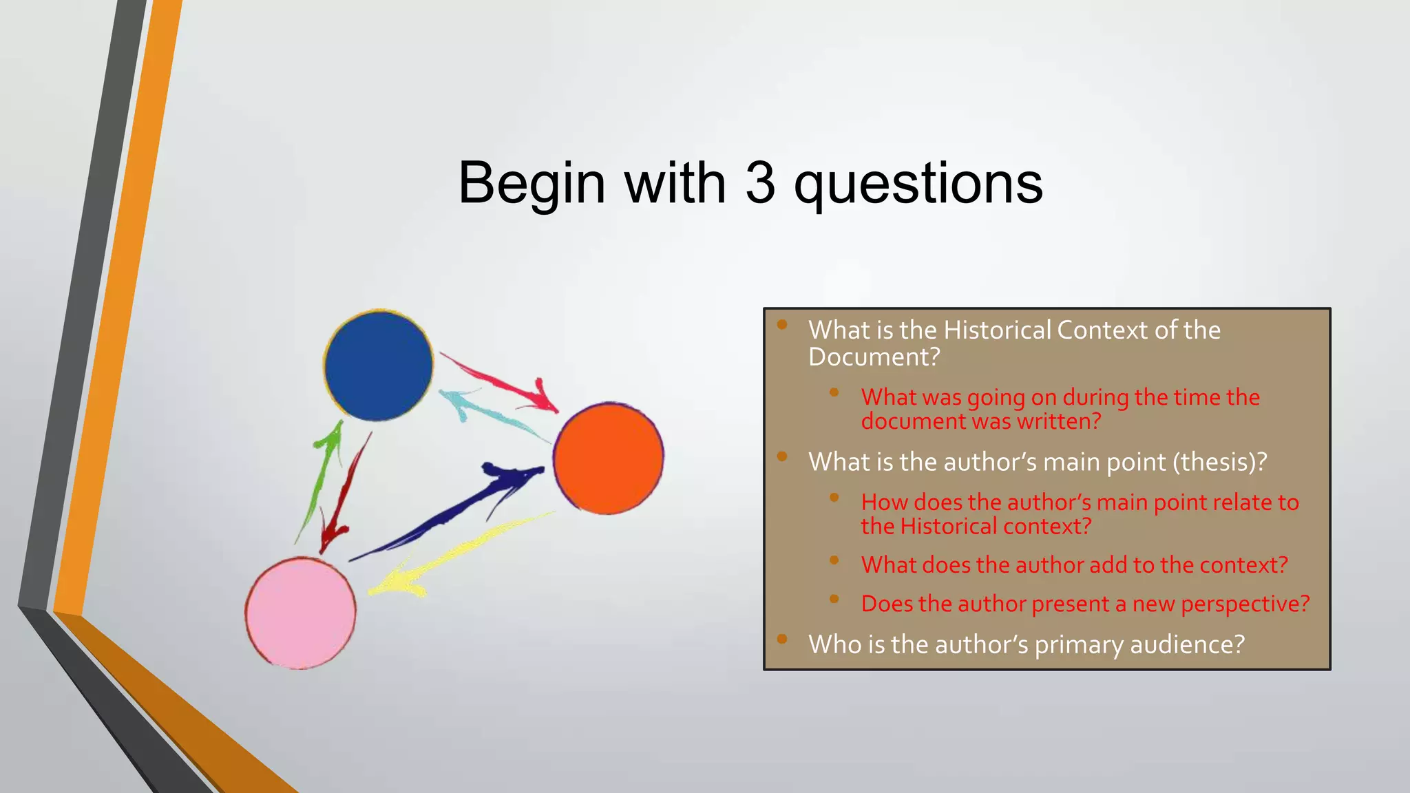 Begin with 3 questions
•

What is the Historical Context of the
Document?

•

•

•

What was going on during the time the
document was written?

What is the author’s main point (thesis)?

•
•
•

How does the author’s main point relate to
the Historical context?
What does the author add to the context?
Does the author present a new perspective?

Who is the author’s primary audience?

 