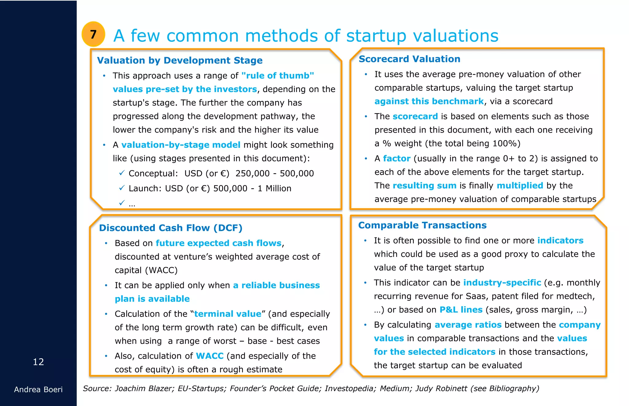 12
Andrea Boeri
7 A few common methods of startup valuations
Discounted Cash Flow (DCF)
• Based on future expected cash flows,
discounted at venture’s weighted average cost of
capital (WACC)
• It can be applied only when a reliable business
plan is available
• Calculation of the “terminal value” (and especially
of the long term growth rate) can be difficult, even
when using a range of worst – base - best cases
• Also, calculation of WACC (and especially of the
cost of equity) is often a rough estimate
Comparable Transactions
• It is often possible to find one or more indicators
which could be used as a good proxy to calculate the
value of the target startup
• This indicator can be industry-specific (e.g. monthly
recurring revenue for Saas, patent filed for medtech,
…) or based on P&L lines (sales, gross margin, …)
• By calculating average ratios between the company
values in comparable transactions and the values
for the selected indicators in those transactions,
the target startup can be evaluated
Scorecard Valuation
• It uses the average pre-money valuation of other
comparable startups, valuing the target startup
against this benchmark, via a scorecard
• The scorecard is based on elements such as those
presented in this document, with each one receiving
a % weight (the total being 100%)
• A factor (usually in the range 0+ to 2) is assigned to
each of the above elements for the target startup.
The resulting sum is finally multiplied by the
average pre-money valuation of comparable startups
Source: Joachim Blazer; EU-Startups; Founder’s Pocket Guide; Investopedia; Medium; Judy Robinett (see Bibliography)
Valuation by Development Stage
• This approach uses a range of "rule of thumb"
values pre-set by the investors, depending on the
startup's stage. The further the company has
progressed along the development pathway, the
lower the company's risk and the higher its value
• A valuation-by-stage model might look something
like (using stages presented in this document):
✓ Conceptual: USD (or €) 250,000 - 500,000
✓ Launch: USD (or €) 500,000 - 1 Million
✓ …
 