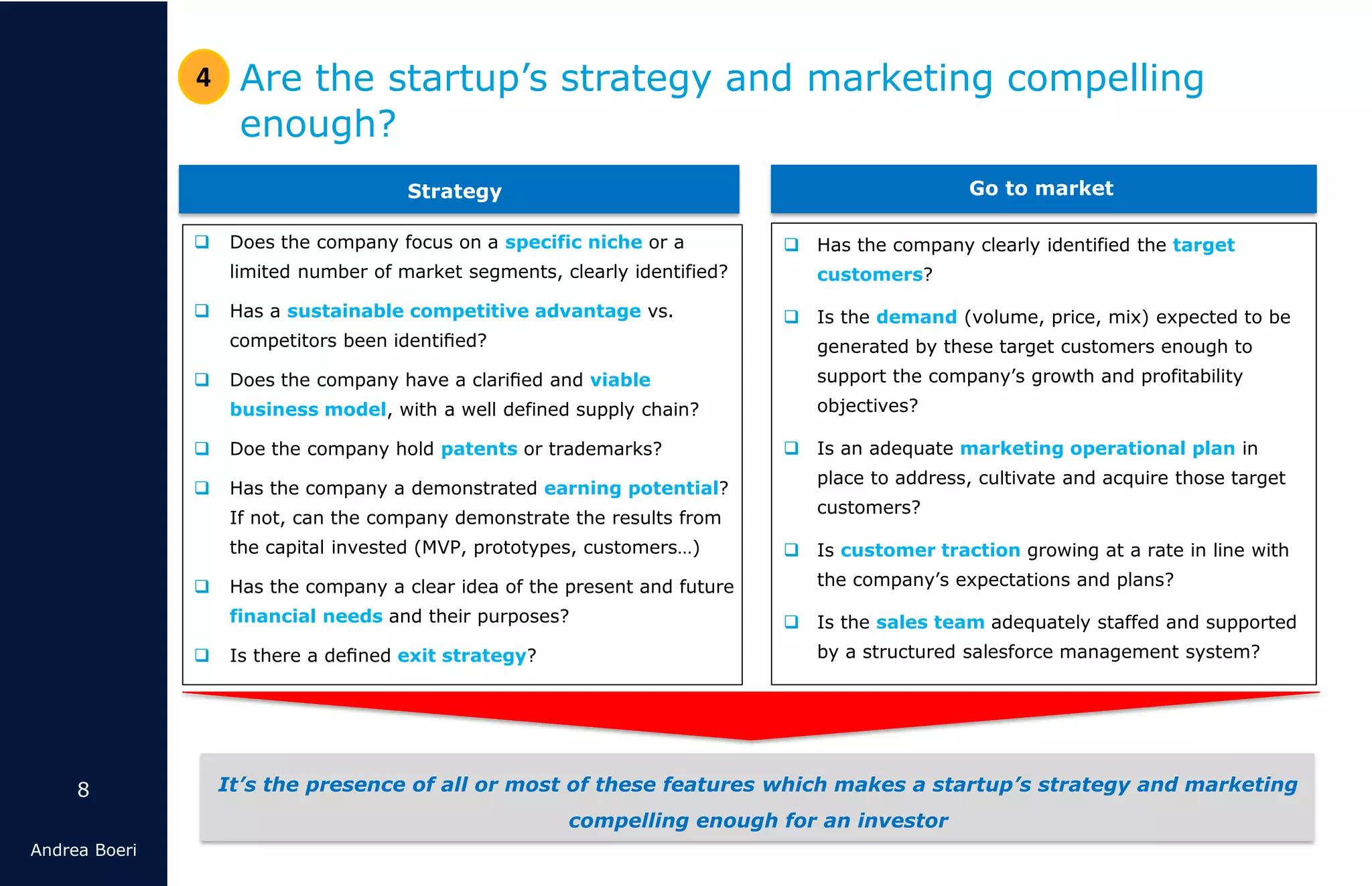 8
Andrea Boeri
❑ Does the company focus on a specific niche or a
limited number of market segments, clearly identified?
❑ Has a sustainable competitive advantage vs.
competitors been identiﬁed?
❑ Does the company have a clariﬁed and viable
business model, with a well defined supply chain?
❑ Doe the company hold patents or trademarks?
❑ Has the company a demonstrated earning potential?
If not, can the company demonstrate the results from
the capital invested (MVP, prototypes, customers…)
❑ Has the company a clear idea of the present and future
financial needs and their purposes?
❑ Is there a deﬁned exit strategy?
Are the startup’s strategy and marketing compelling
enough?
4
Strategy Go to market
❑ Has the company clearly identified the target
customers?
❑ Is the demand (volume, price, mix) expected to be
generated by these target customers enough to
support the company’s growth and profitability
objectives?
❑ Is an adequate marketing operational plan in
place to address, cultivate and acquire those target
customers?
❑ Is customer traction growing at a rate in line with
the company’s expectations and plans?
❑ Is the sales team adequately staffed and supported
by a structured salesforce management system?
It’s the presence of all or most of these features which makes a startup’s strategy and marketing
compelling enough for an investor
 