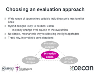 Choosing an evaluation approach
Wide range of approaches suitable including some less familiar
ones
Hybrid designs likely to be most useful
∙ mix may change over course of the evaluation
No simple, mechanistic way to selecting the right approach
Three key, interrelated considerations:
Evaluation
purpose
Feasible
designs
System
attributes
Evaluation
design
 