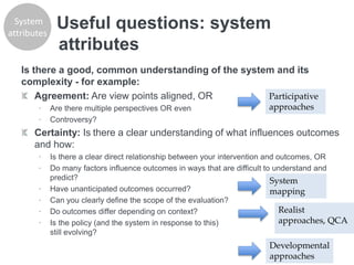 Useful questions: system
attributes
Is there a good, common understanding of the system and its
complexity - for example:
Agreement: Are view points aligned, OR
∙ Are there multiple perspectives OR even
∙ Controversy?
Certainty: Is there a clear understanding of what influences outcomes
and how:
∙ Is there a clear direct relationship between your intervention and outcomes, OR
∙ Do many factors influence outcomes in ways that are difficult to understand and
predict?
∙ Have unanticipated outcomes occurred?
∙ Can you clearly define the scope of the evaluation?
∙ Do outcomes differ depending on context?
∙ Is the policy (and the system in response to this)
still evolving?
Participative
approaches
Realist
approaches, QCA
System
mapping
System
attributes
Developmental
approaches
 