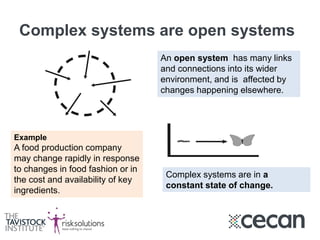 Complex systems are open systems
An open system has many links
and connections into its wider
environment, and is affected by
changes happening elsewhere.
Example
A food production company
may change rapidly in response
to changes in food fashion or in
the cost and availability of key
ingredients.
Complex systems are in a
constant state of change.
 