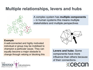 Multiple relationships, levers and hubs
A complex system has multiple components
– in human systems this means multiple
stakeholders and multiple perspectives
Example
A well-connected and highly motivated
individual or group may be mobilised to
champion a particular cause. They can
equally become a major obstacle to
change through vetoing or blocking this
Levers and hubs: Some
components have more
influence than others because
of their connections.
 