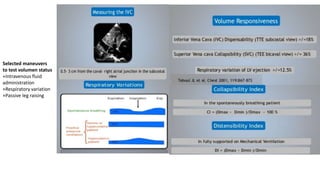 Selected maneuvers
to test volumen status
+Intravenous fluid
administration
+Respiratory variation
+Passive leg raising
 