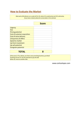 Score
Urgency
Size
Pricing potential
Cost of customer acquisition
Cost of value delivery
Uniqueness of offera
Speed to market
Up-front investment
Up-sell potential
Evergreen potential
TOTAL 0
How to Evaluate the Market
Rate each of the factors on a scale of 0 to 10, where 0 is unattractive and 10 is attractive,
if you have a doubt, please be conservative in the estimate
If the score is 75 or above, you have a very promising business, go ahead
Anything 50 and 75, has the potential to pay the bills
Below 50, move to another idea
www.carloselopez.com
 