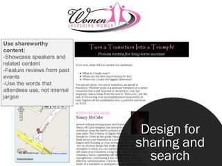 Use shareworthy
content:
-Showcase speakers and
related content
-Feature reviews from past
events
-Use the words that
atte...