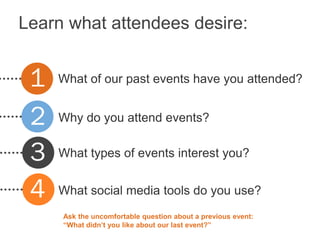 Learn what attendees desire:


 1   What of our past events have you attended?


 2   Why do you attend events?


 3   Wha...