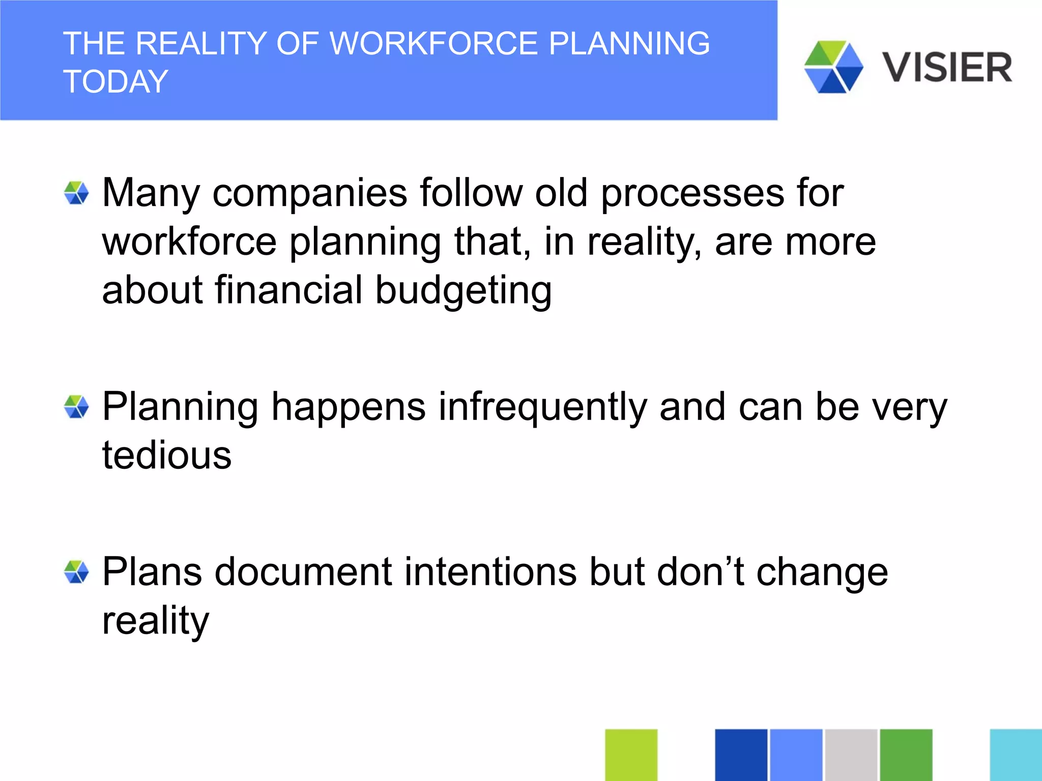 Page 34 
THE REALITY OF WORKFORCE PLANNING TODAY 
Many companies follow old processes for workforce planning that, in reality, are more about financial budgeting 
Planning happens infrequently and can be very tedious 
Plans document intentions but don’t change reality  