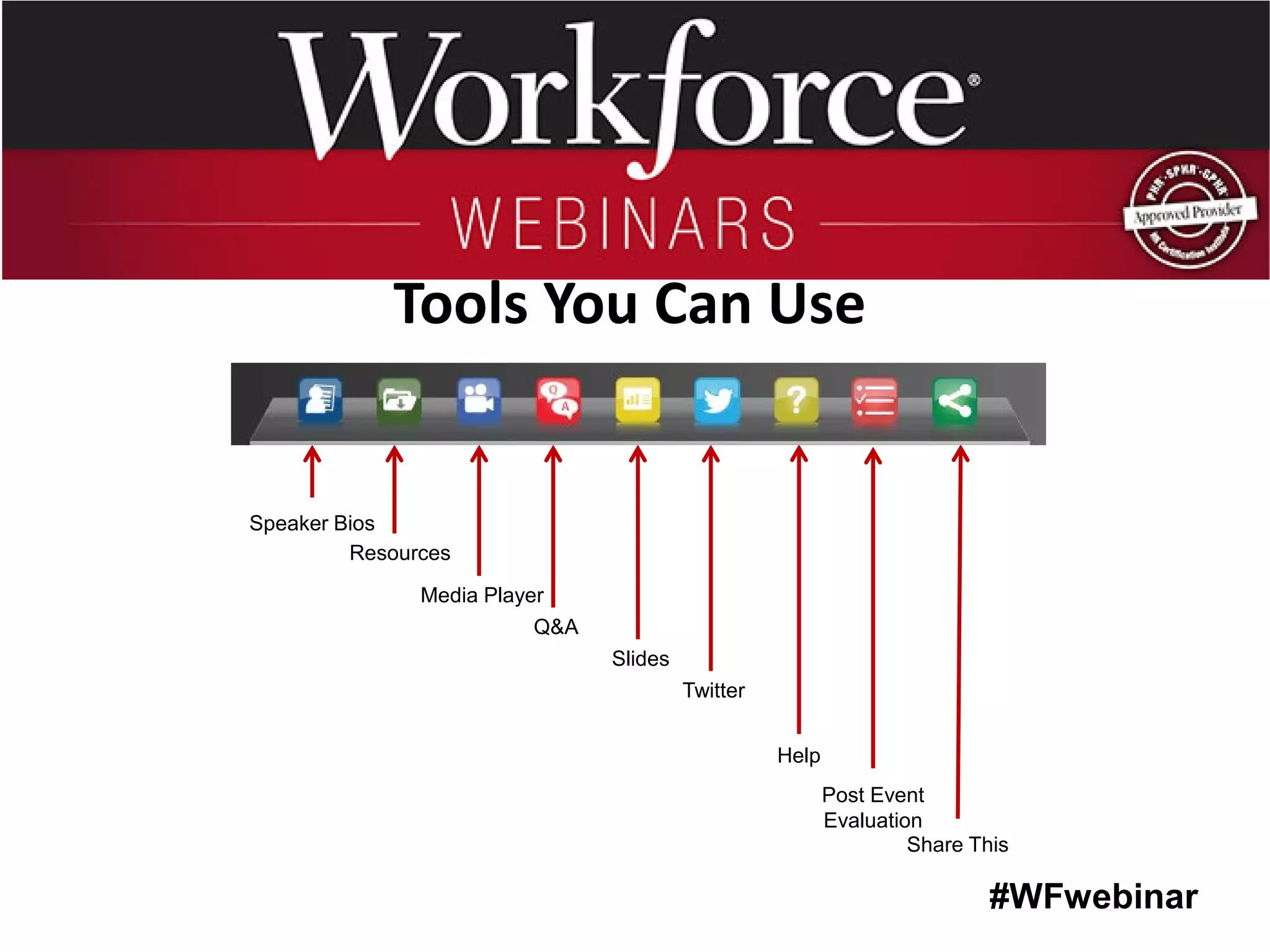 #WFwebinar 
Tools You Can Use 
Speaker Bios 
Resources 
Media Player 
Q&A 
Slides 
Twitter 
Help 
Post Event 
Evaluation 
Share This  