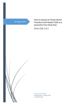 10-August-2017
How to execute an Oracle Stored
Procedure with Nested Table as a
parameter from Mule Flow
Mule ESB 3.8.3
Priyobroto Ghosh
INDEPENDENT IT CONSULTANT
+91-9836733341
 